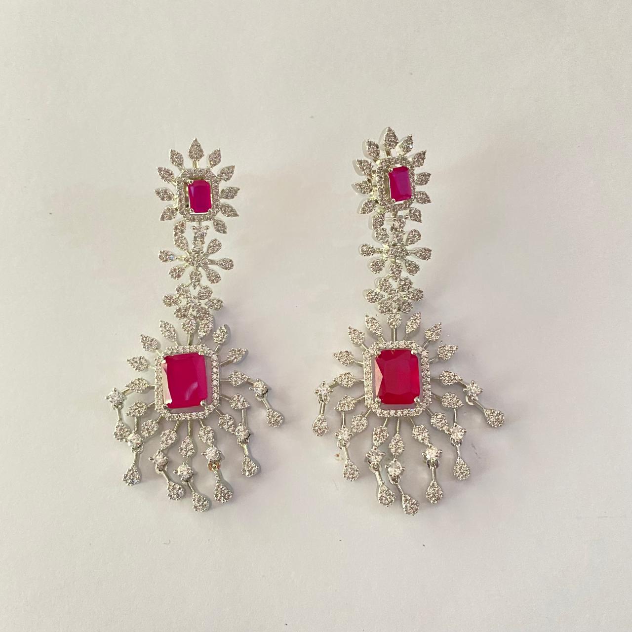 Pink Stone Silver Plated Floral Earring