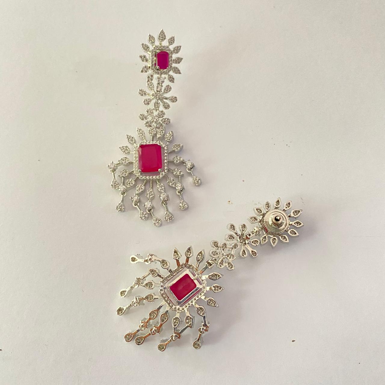 Pink Stone Silver Plated Floral Earring