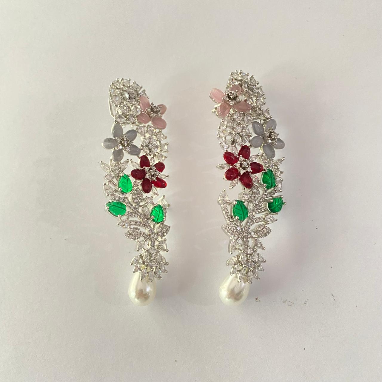 Silver Plated Diamond Multi Color with Pearl Earring