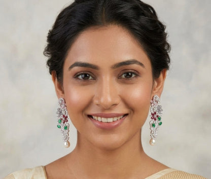 Silver Plated Diamond Multi Color with Pearl Earring