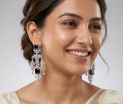Black Stone Silver Plated Diamond Hanging Earring