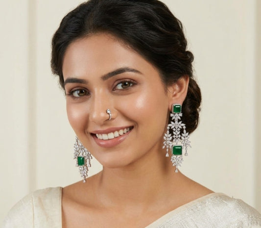 Emerald Silver Plated Diamond Hanging Earring