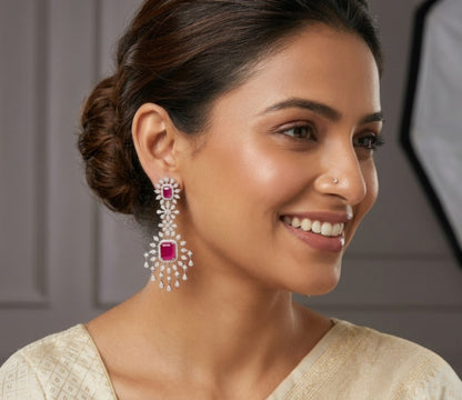 Pink Stone Silver Plated Floral Earring