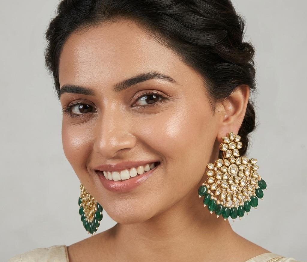 Emerald Gold Plated Kundan Chandbali Earring
