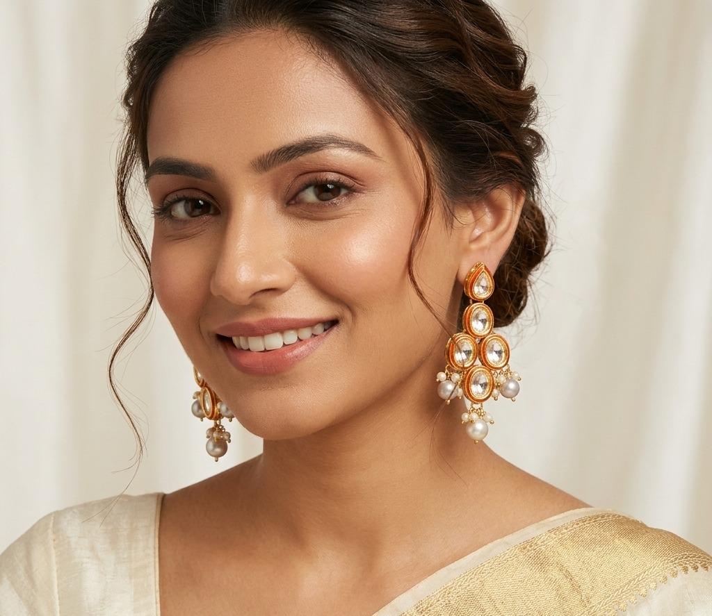 Kundan Gold Plated Floral with Pearl Earring