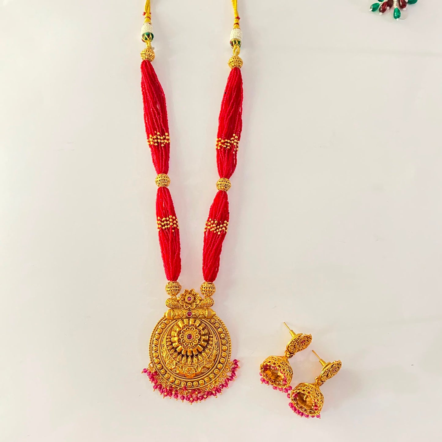 Ruby Beads Antique Gold Long Necklace Set
