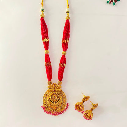 Ruby Beads Antique Gold Long Necklace Set