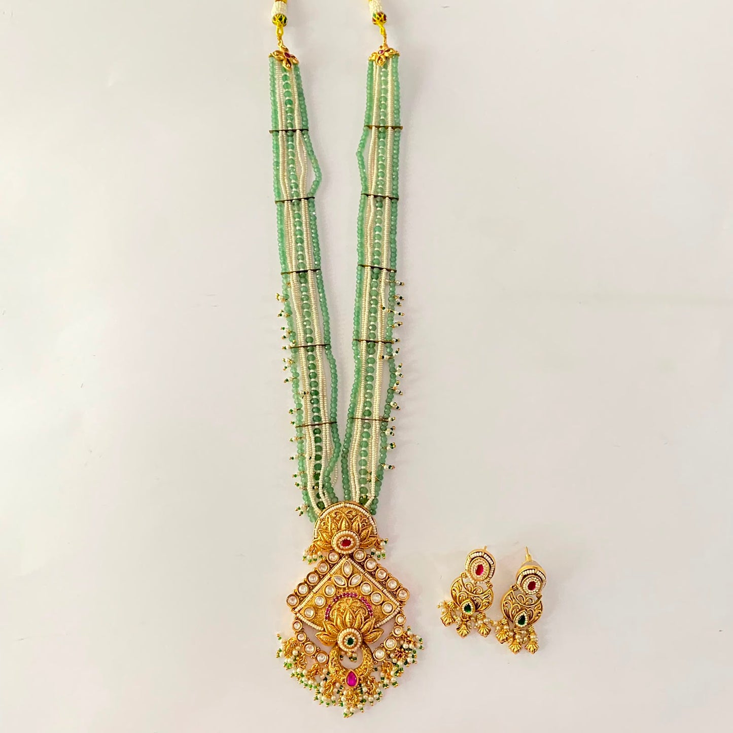 Mint Green White Beads Gold Plated Long Necklace Set