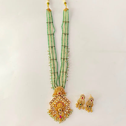 Mint Green White Beads Gold Plated Long Necklace Set