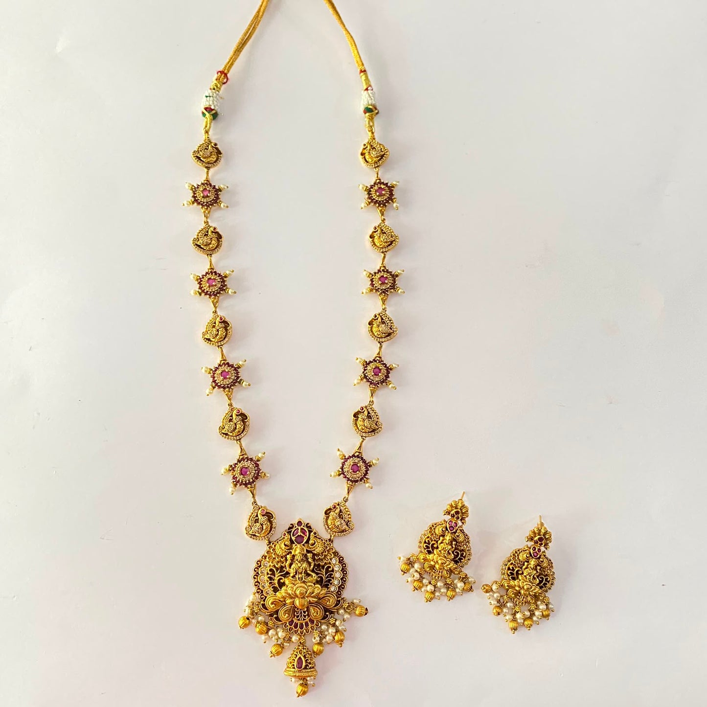 Ruby Antique Gold Long Laxmi Necklace Set