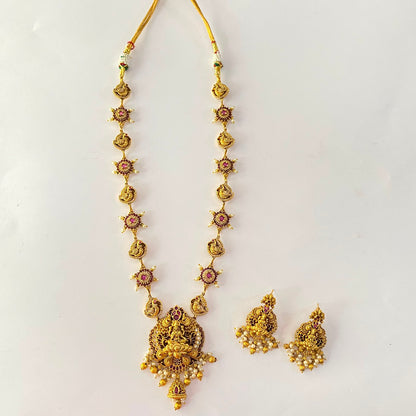 Ruby Antique Gold Long Laxmi Necklace Set