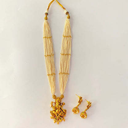 Off White Multi Layer Antique Gold Ganesha Necklace Set