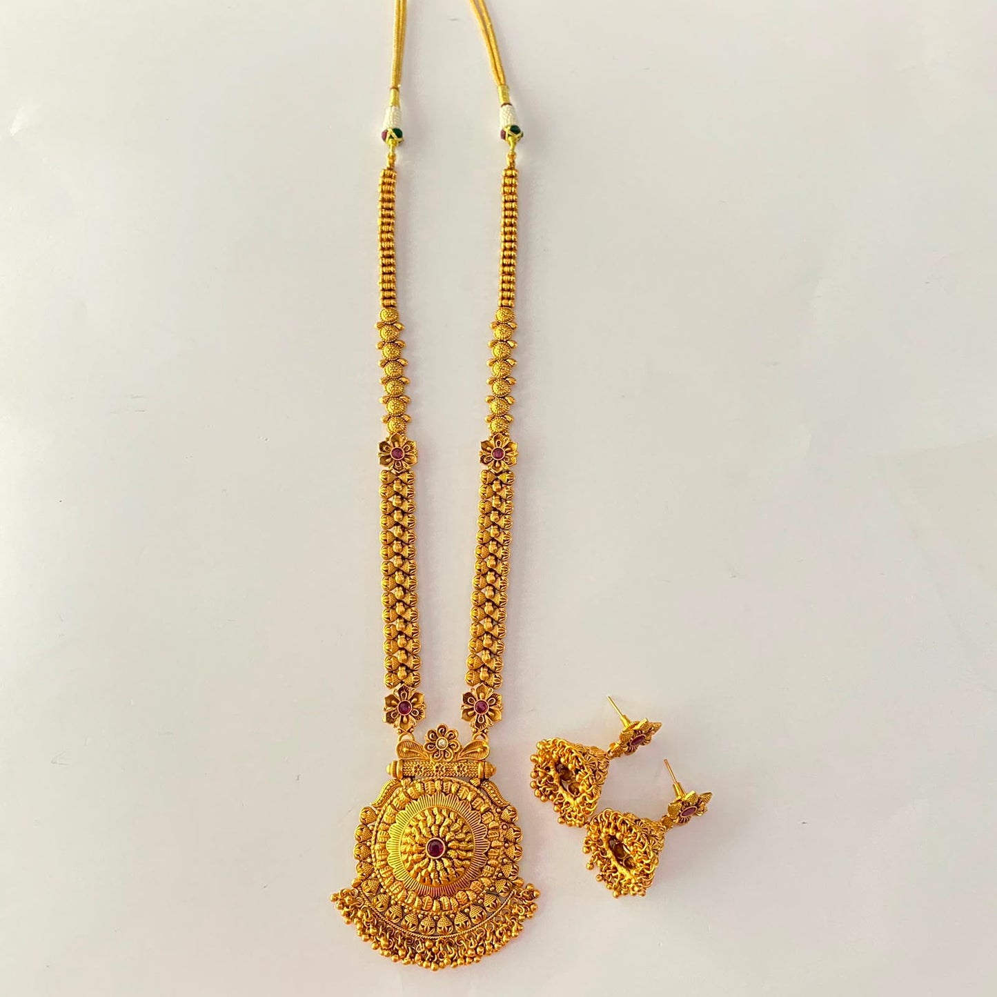 Long Gold Plated Ruby Necklace Set