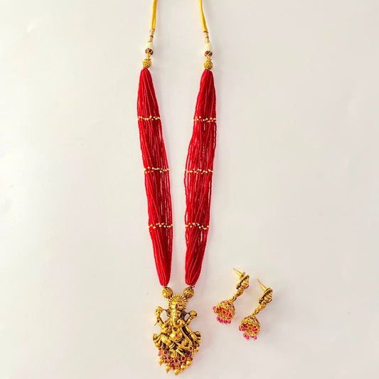 Ruby Antique Gold Multi Layer Ganesha Necklace Set