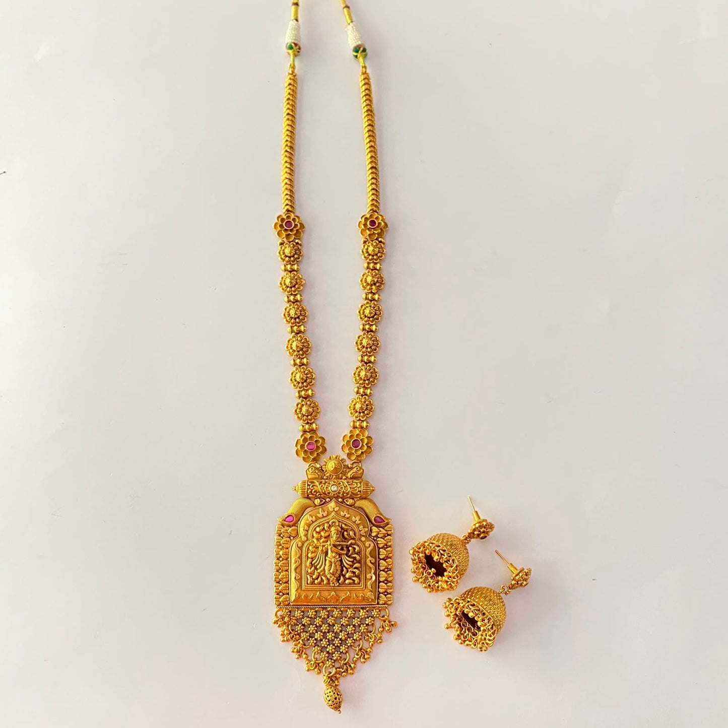 Gold Plated Square Shape Krishna Long Necklace Set