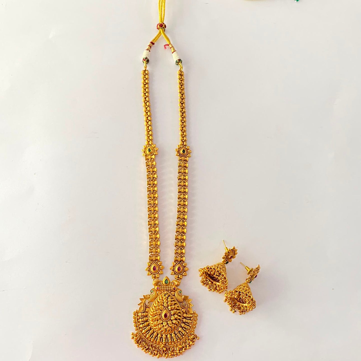 Long Gold Plated Ruby & Green Necklace Set