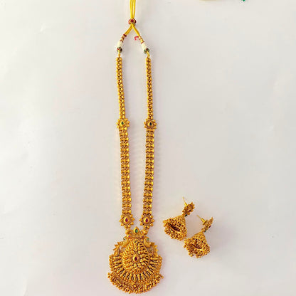 Long Gold Plated Ruby & Green Necklace Set