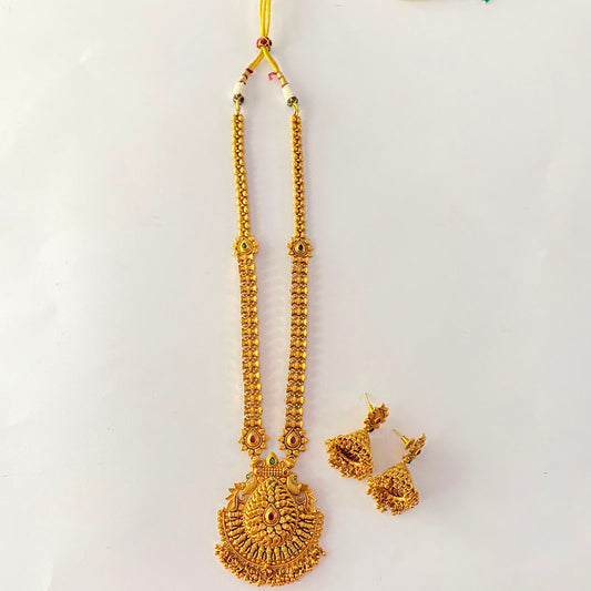 Long Gold Plated Ruby & Green Necklace Set