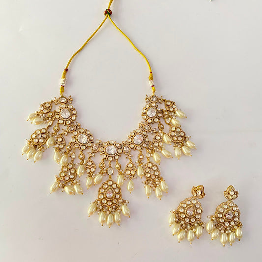 Antique Drop Pearl Kundan Moissanite Necklace Set