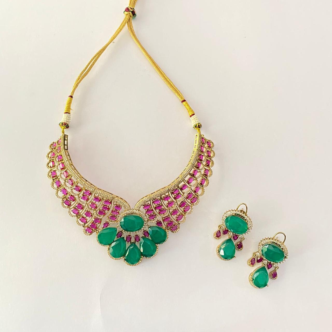 Green Stone & Dark Pink Antique Gold Necklace Set With Back Clip