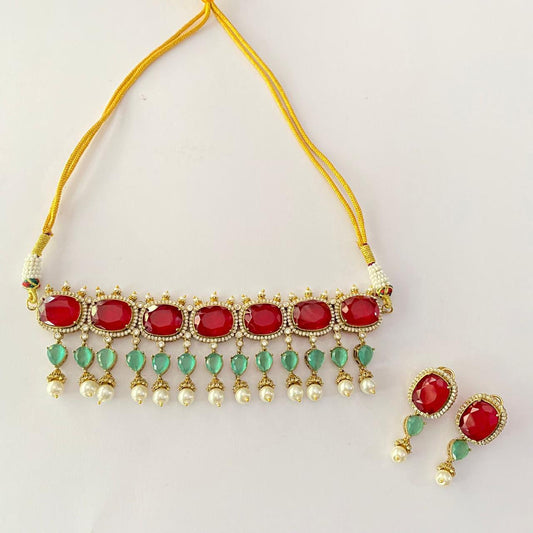 Antique Gold Aqua Drop Pearl & Ruby Choker Set With Back Clip
