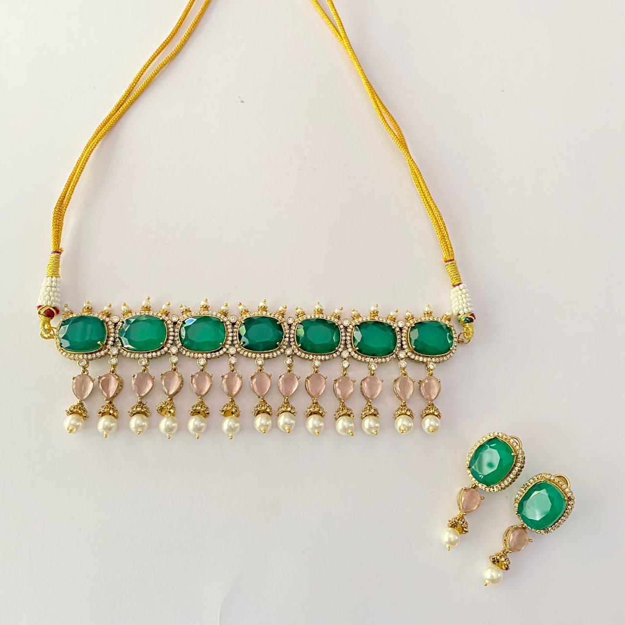Antique Gold Pink Drop Pearl Green Choker Set