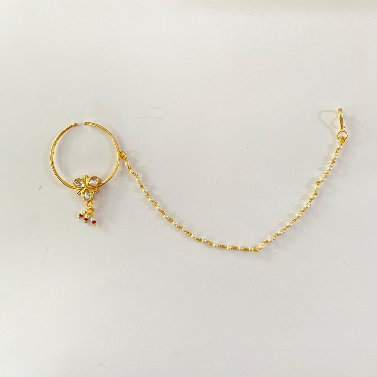 Kundan Gold Plated with Pearl Beaded Chain Nath
