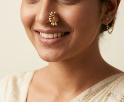 Pink Stone & Diamond Gold Plated Traditional Maharashtrian Nath