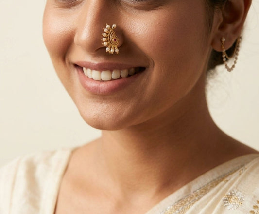 Pink Stone & Diamond Gold Plated Traditional Maharashtrian Nath