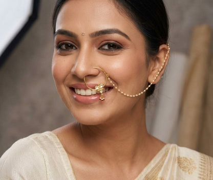 Kundan Gold Plated with Pearl Beaded Chain Nath