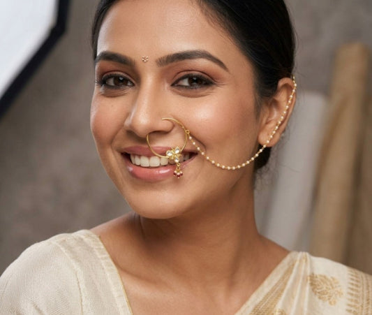 Kundan Gold Plated with Pearl Beaded Chain Nath