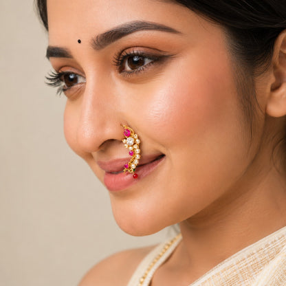 Pink Stone Diamond Traditional Maharashtrian Gold Plated Nath