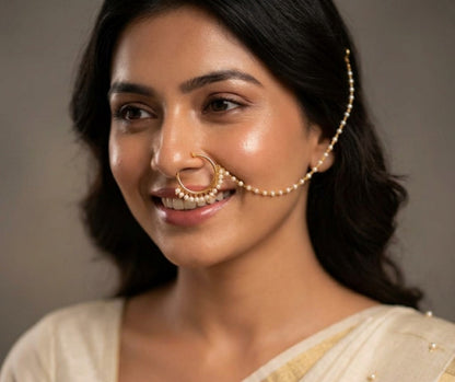 Gold Plated Pearl-Beaded Chain Nath