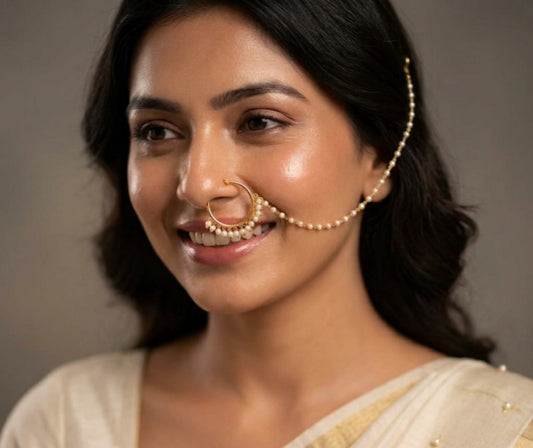 Gold Plated Pearl-Beaded Chain Nath