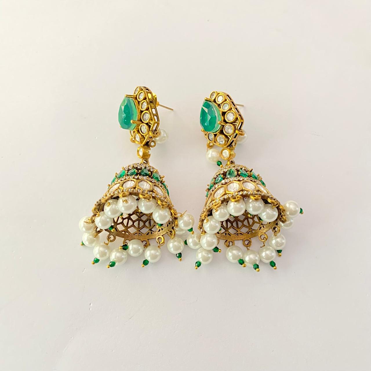 Emerald kundan with pearl jhumka latest design