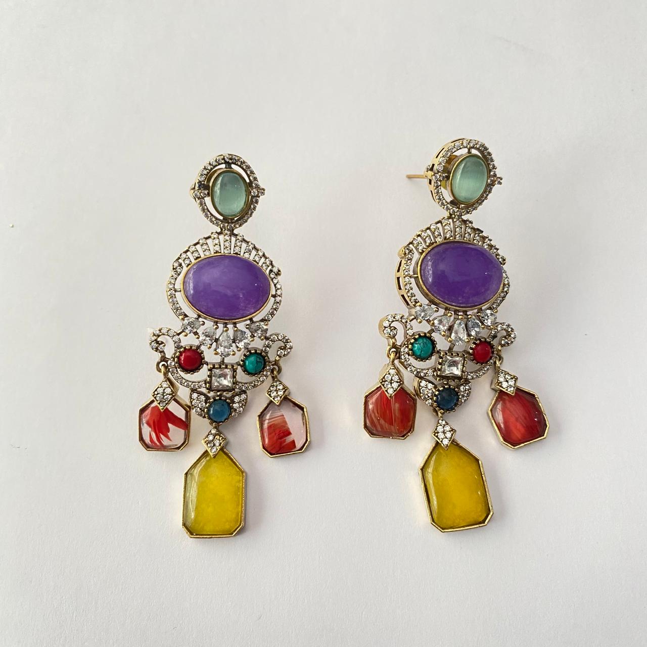 Central Amethyst Stone with Multi Color Antique Gold Plated Earring