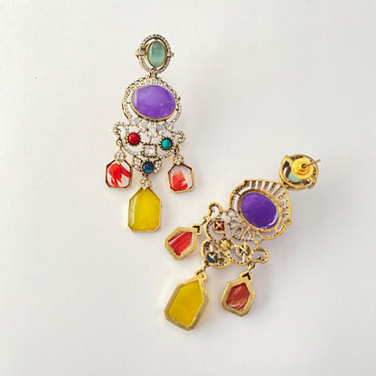 Central Amethyst Stone with Multi Color Antique Gold Plated Earring