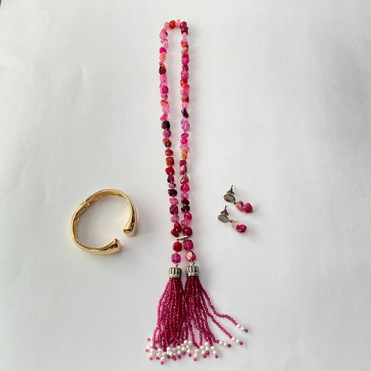 Pink Stone Long Fusion Necklace Set with Gold Plated Shiny Openable Bracelet Combo