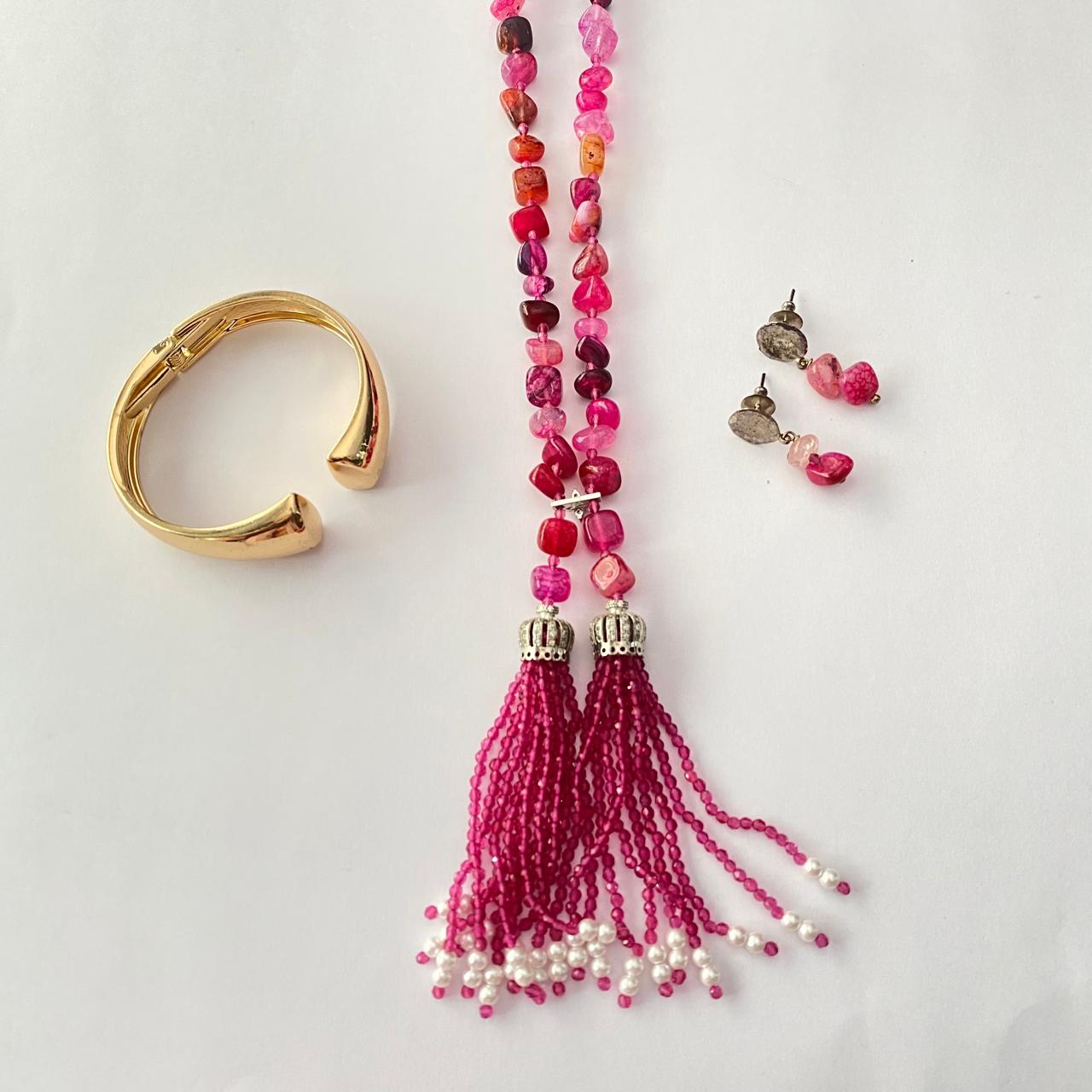 Pink Stone Long Fusion Necklace Set with Gold Plated Shiny Openable Bracelet Combo