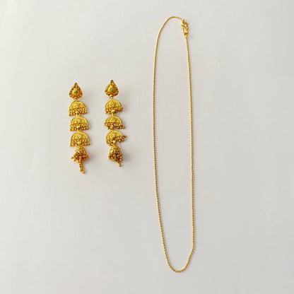 Gold Plated Layered Jhumka Earring with Gold Plated Beaded Chain