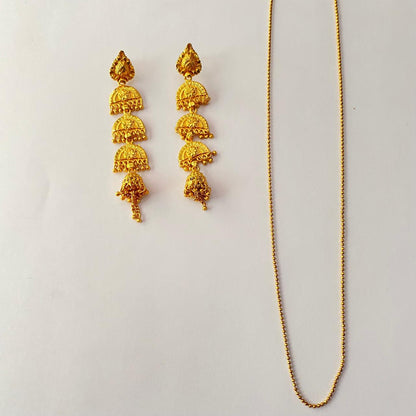 Gold Plated Layered Jhumka Earring with Gold Plated Beaded Chain