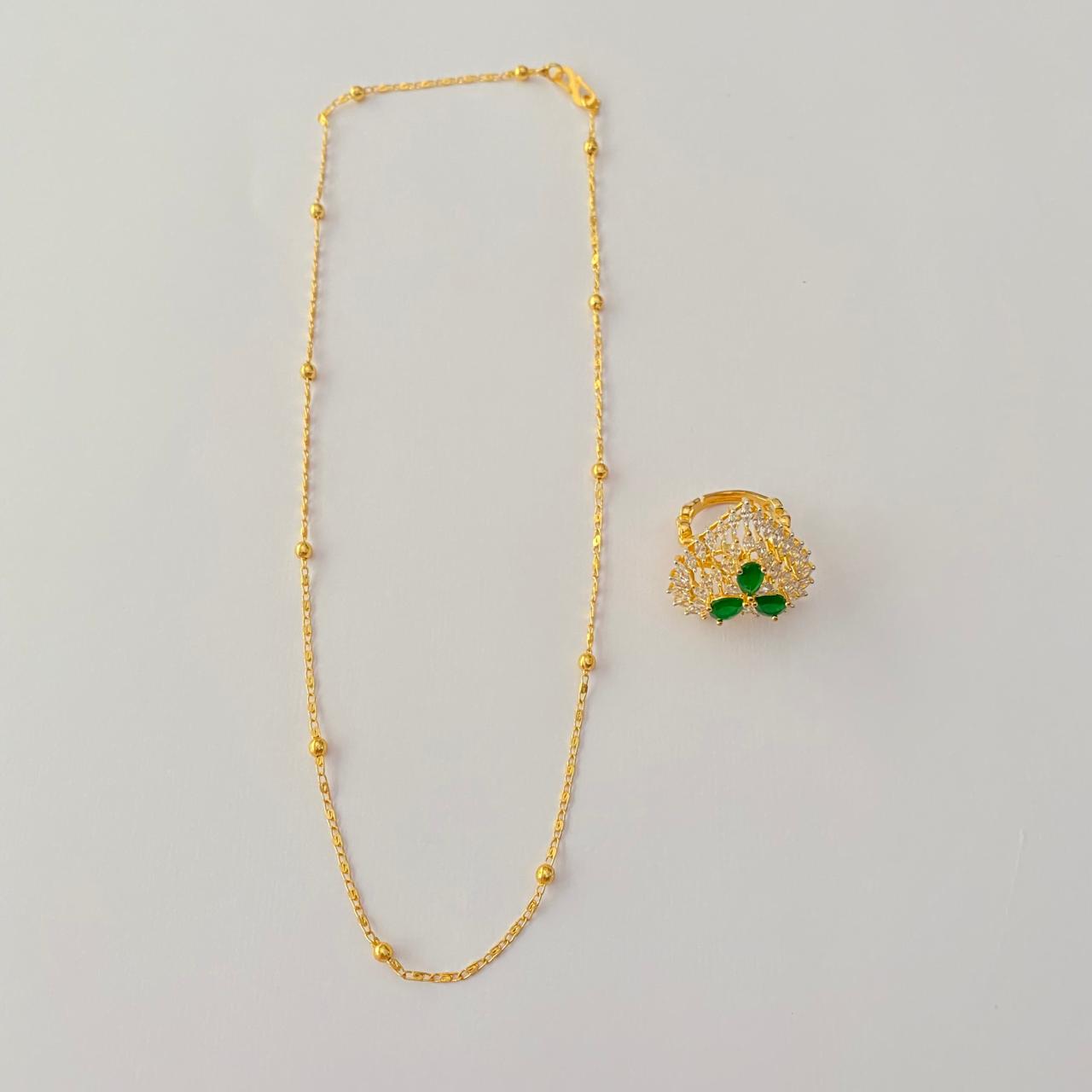 Emerald Gold Plated Heartshape Diamond Ring with Gold Plated Chain Combo