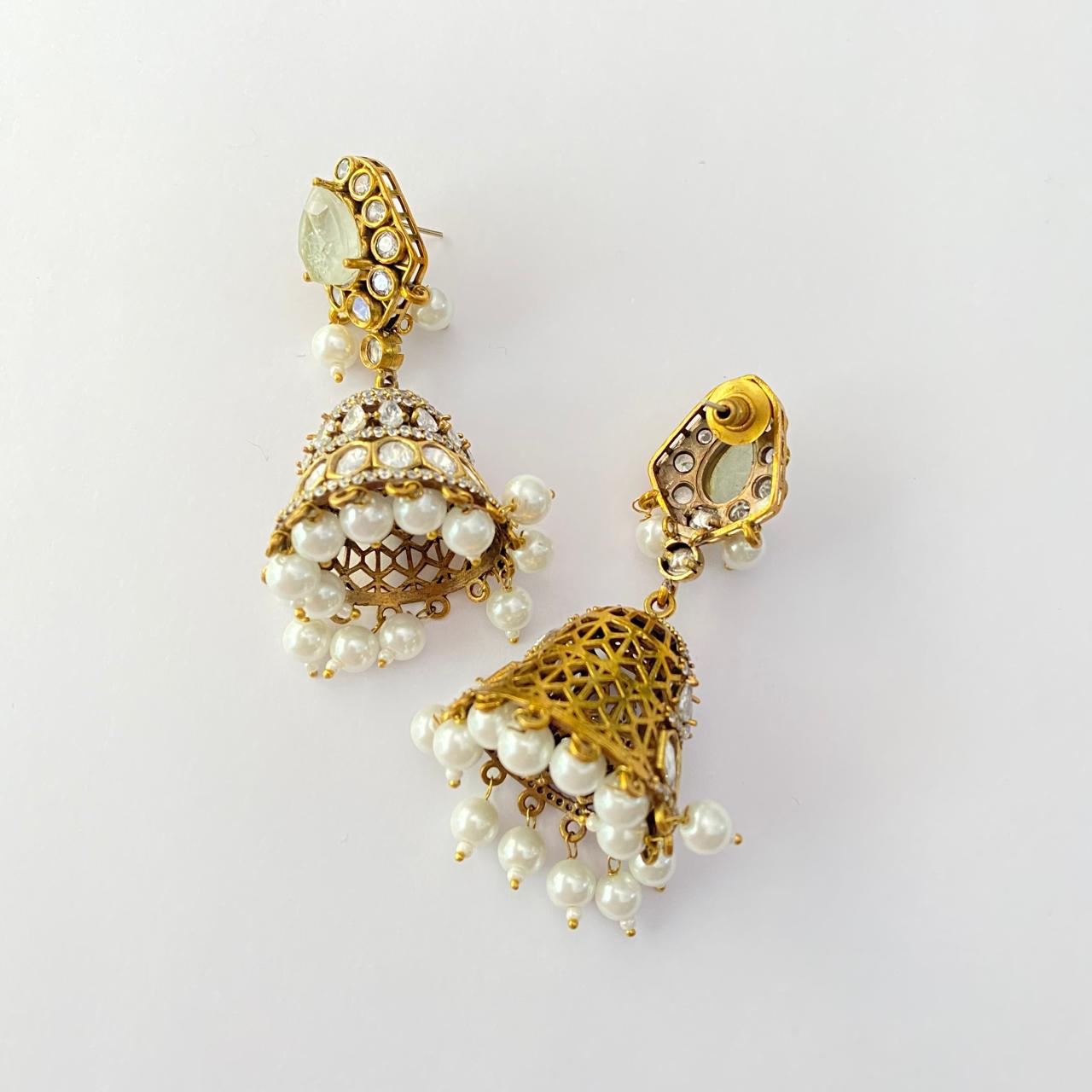Mint Green Kundan34 with Pearl  Antique Gold Plated Jhumka