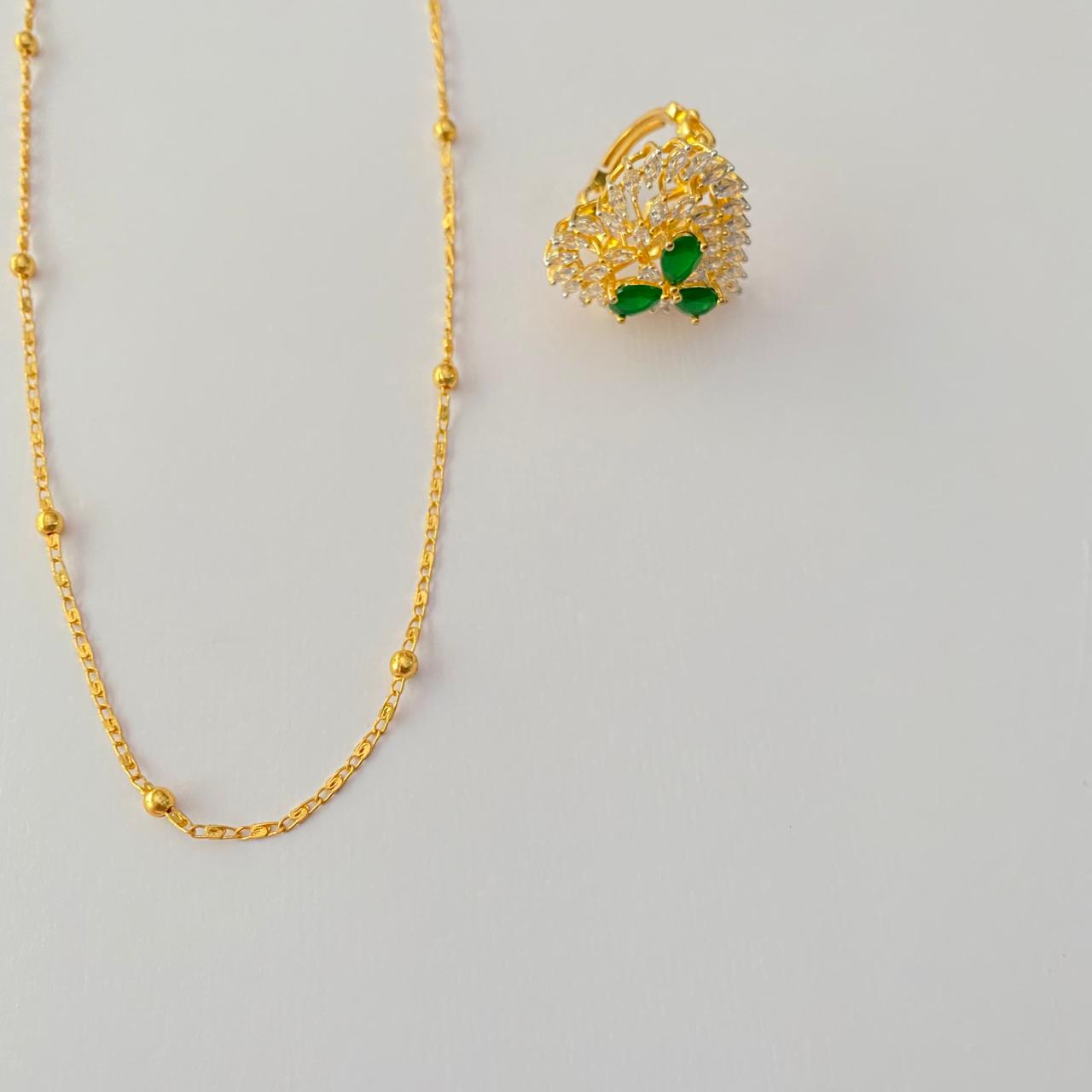 Emerald Gold Plated Heartshape Diamond Ring with Gold Plated Chain Combo