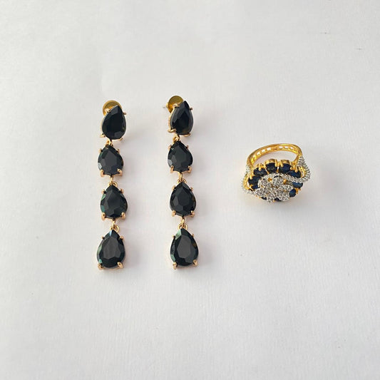 Black Stone Teardrop Hanging Earring with Diamond Gold Plated Adjustable Ring Combo