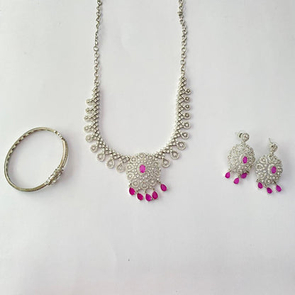 Pink Stone Silver Plated Diamond Necklace Set with Diamond Silver Plated Bracelet Combo