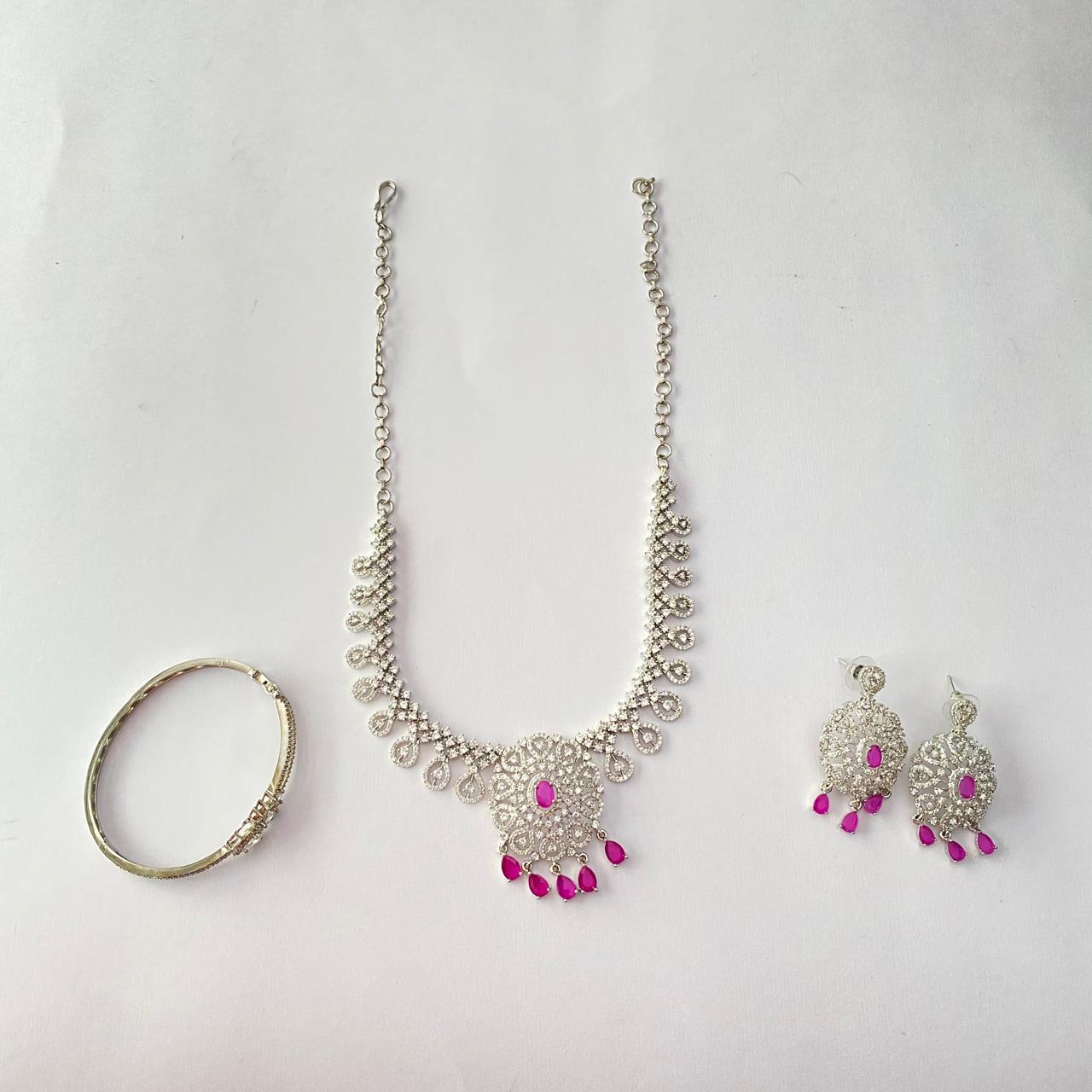 Pink Stone Silver Plated Diamond Necklace Set with Diamond Silver Plated Bracelet Combo