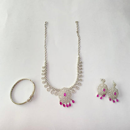 Pink Stone Silver Plated Diamond Necklace Set with Diamond Silver Plated Bracelet Combo
