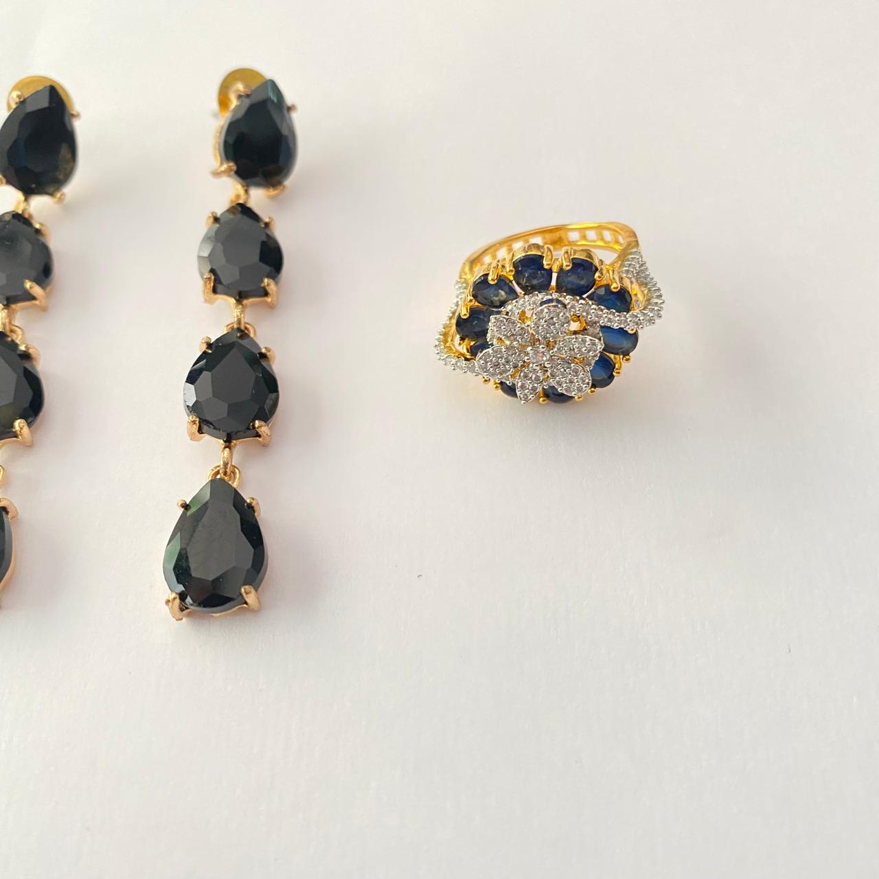 Black Stone Teardrop Hanging Earring with Diamond Gold Plated Adjustable Ring Combo