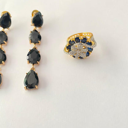 Black Stone Teardrop Hanging Earring with Diamond Gold Plated Adjustable Ring Combo
